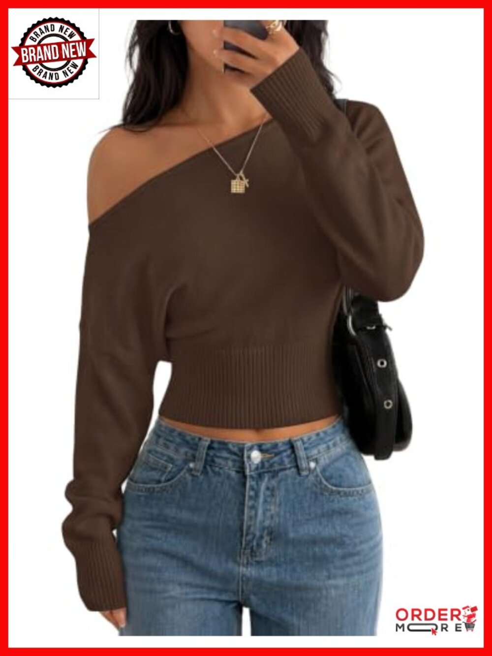 Off Shoulder Cinched Waist Cropped Sweater Puff Long Sleeve Ribbed Knit Pullover